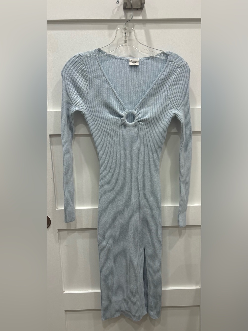 Abercrombie & Fitch Light Blue Ribbed Long Sleeve Dress with Front Ring